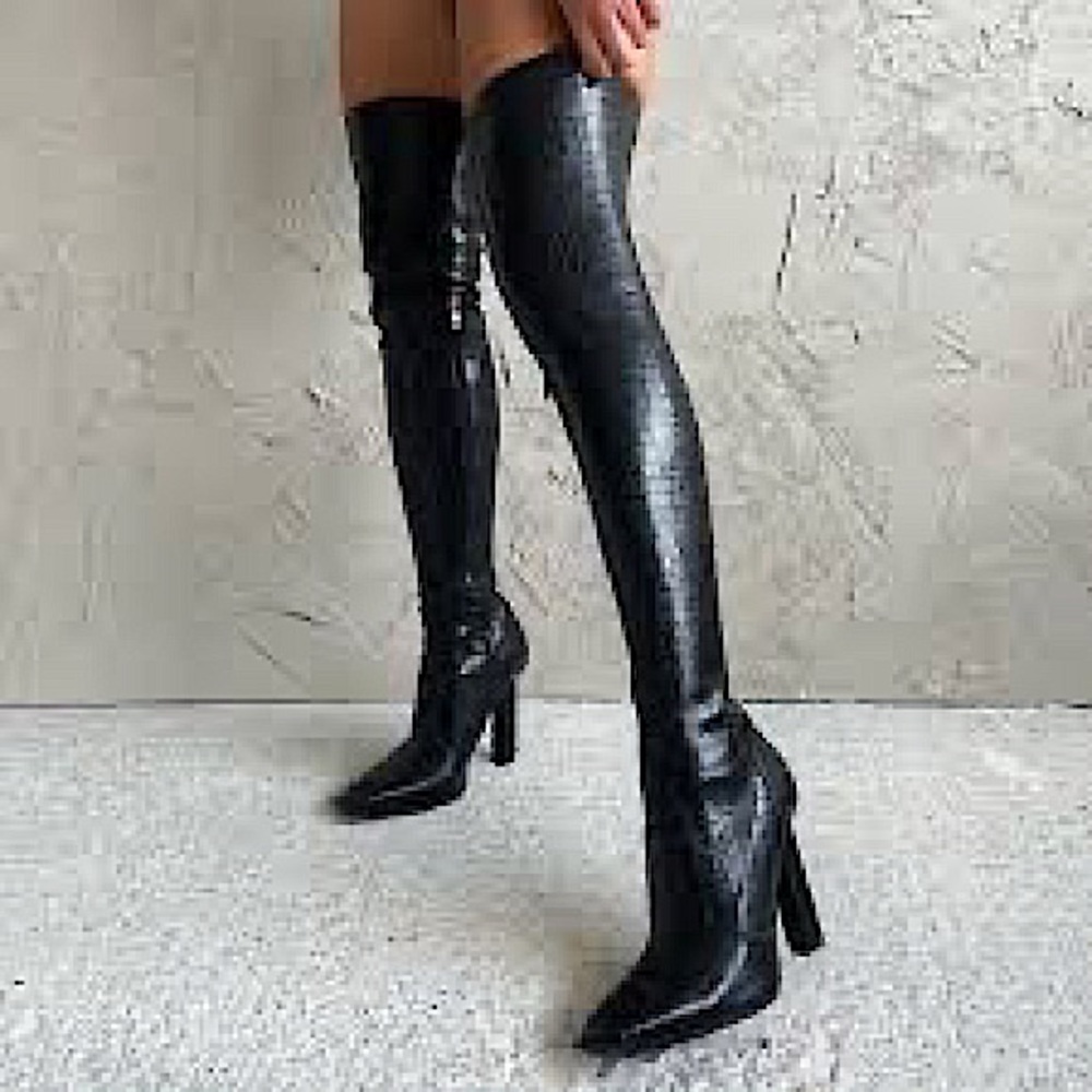 Simmi London Croc Embossed Knee High Boots block heel